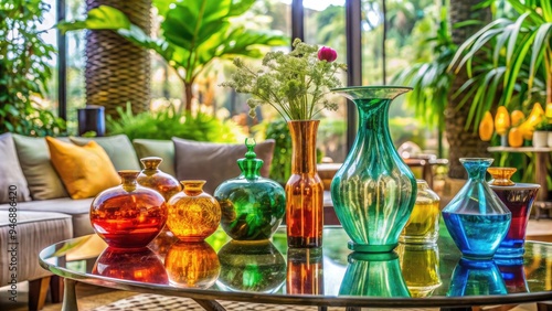 Colorful ornate glass vases and sculptures adorn a modern coffee table, surrounded by lush greenery, against a soft focus, neutral-toned background.