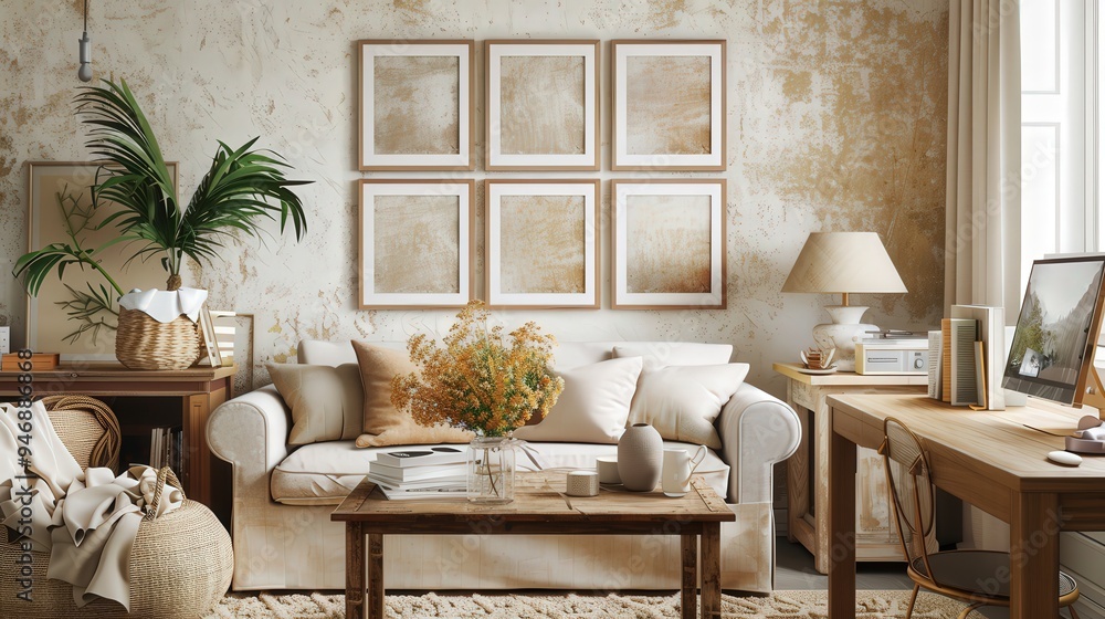 Fototapeta premium Modern Elegance: Stylish Living Room with Mock-Up Frames and Natural Decor