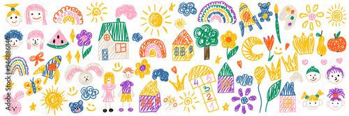 Kids doodle drawings big set. Collection freehand child baby drawn elements: sun, tree, boy, girl, rabbit, flower, rocket. Hand drawing chalk scribble. Vector illustration isolated on white background