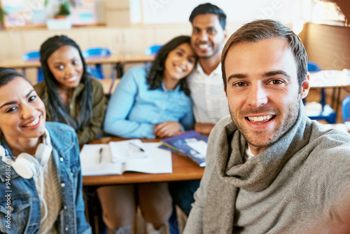 Education, selfie and smile with student friends in class on college or university campus together. Diversity, portrait and happy with learner people in classroom at school for future development