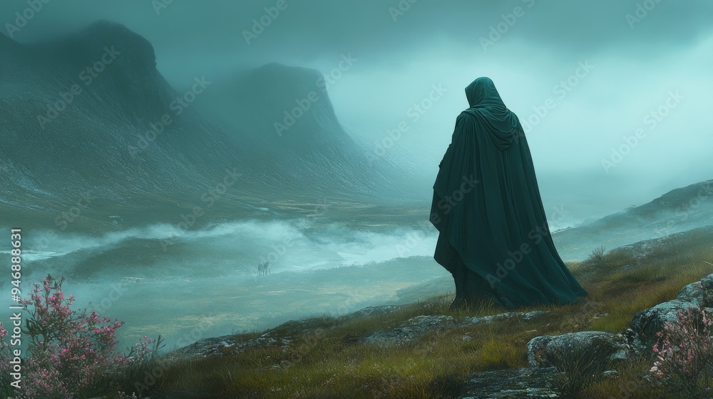 A mysterious cloaked figure stands in a fog-filled field, which is ...