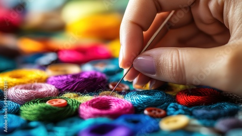 A close-up of hands threading a needle with a variety of colorful threads and buttons in the background