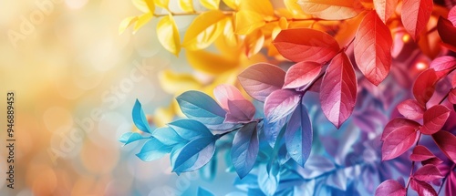 Vibrant rainbow-colored leaves on a tree branch, creating a vivid and artistic composition.