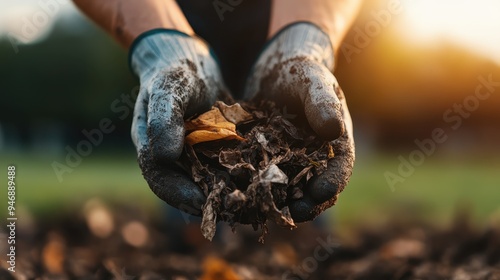 A pair of gloved hands delicately holds decomposing leaves mixed with soil against an outdoor backdrop, symbolizing connection with nature and the cycle of life. photo