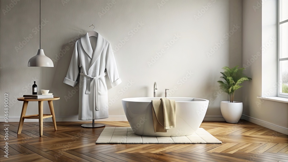 Bathub Robe Cozy white bathroom robe with a hood, tied with a belt, lying on a ...