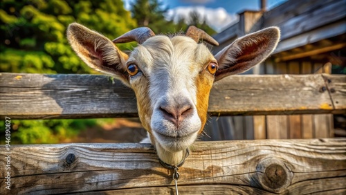 Curious goat peeks over a rustic wooden fence, its curious eyes and twitching nostrils conveying a playful sense of nosiness and investigation.