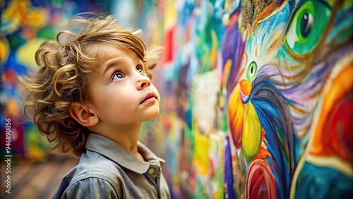 Curious young boy with messy hair and bright eyes gazes intently at colorful wall art, lost in thought and imagination in a dreamy atmosphere.