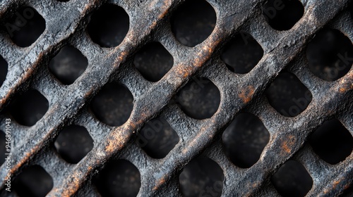 Close-up shot of a rusted metallic grate with a distinct aged texture and intricate patterns, highlighting the contrast between decay and industrial strength in an artistic manner. photo