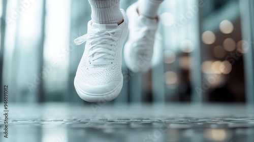 An invigorating image of white sneakers captured mid-leap above the wet ground in an urban setting, symbolizing agility, youthful energy, and the dynamic nature of city life. photo