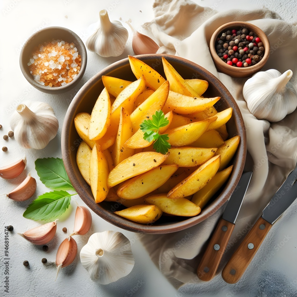 A wooden bowl filled with golden, crispy potato wedges seasoned with garlic and spices, garnished with fresh tomatoes and rosemary, making a perfect snack or side dish for any meal. A wooden bowl filled with golden, crispy potato wedges seasoned with garlic and spices, garnished with fresh tomatoes and rosemary, making a perfect snack or side dish for any meal.