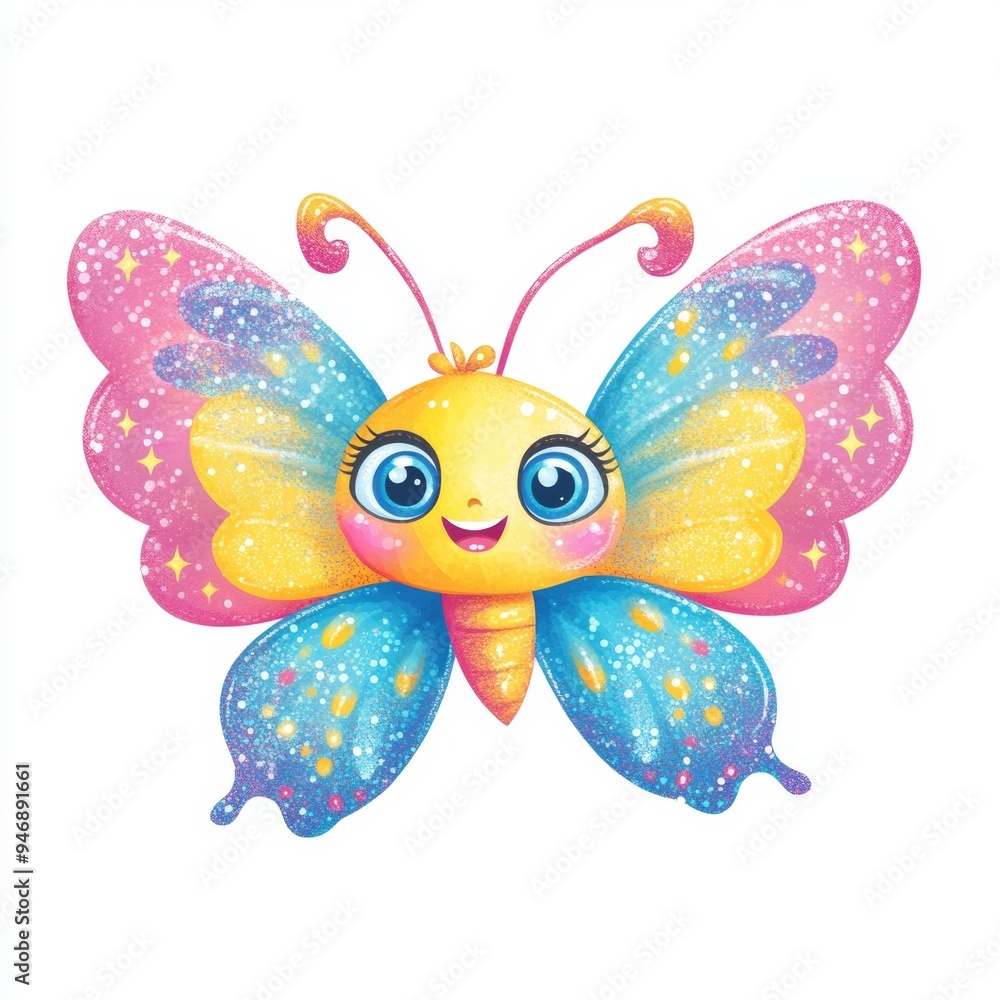 A colorful, cartoon-style butterfly with a cheerful expression and sparkles. A colorful, cartoon-style butterfly with a cheerful expression and sparkles.