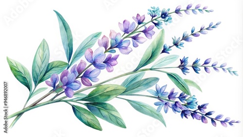 Delicate, dreamy watercolor illustration of a sprig of salvia, soft blue and purple hues dancing across the paper, evoking a sense of whimsy and serenity.