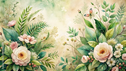 Delicate, dreamy watercolor illustration of lush, verdant botanicals, adorned with intricate florals and foliage, set against a soft, creamy vintage-inspired background.