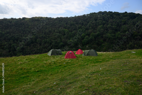 Tents Set Up for Wild Camping in the Peak District, UK: A Rugged Outdoor Adventure Amidst Breathtaking British Countryside photo