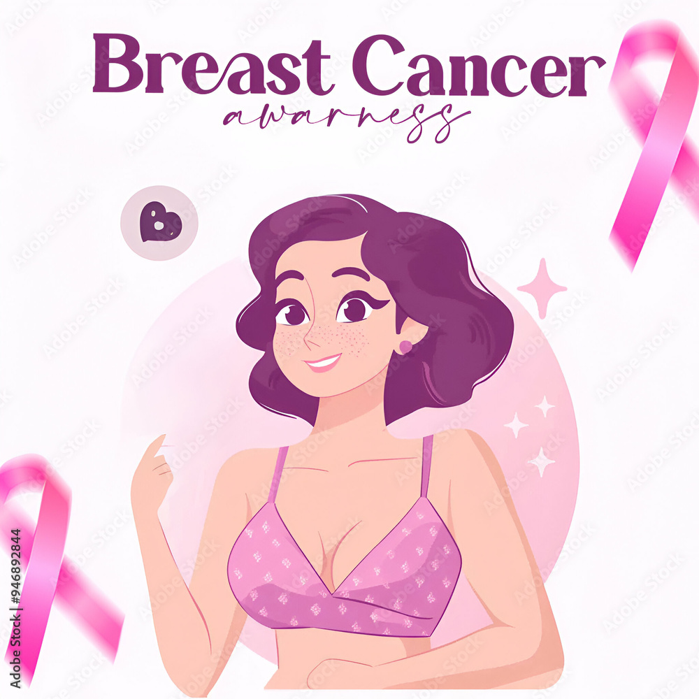 Breast Cancer Awareness month Woman with pink ribbon illustration Breast Cancer poster design Breast Cancer Awareness month Woman with pink ribbon illustration Breast Cancer poster design
