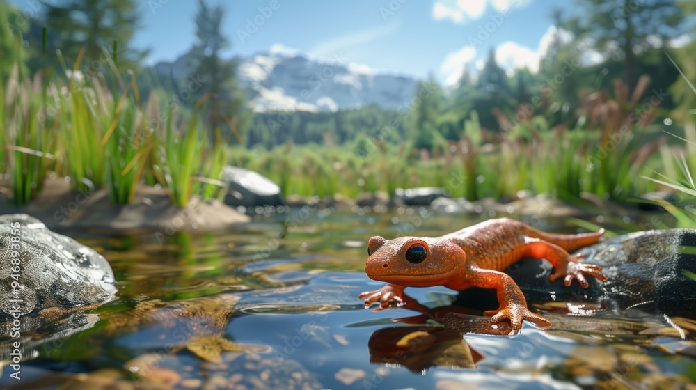 Fototapeta premium Newt closeup with natural landscape generative ai