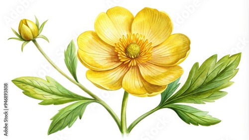 Delicate, hand-painted watercolor illustration of a bright yellow buttercup flower with intricate details and soft, blended petals, set against a crisp white background.