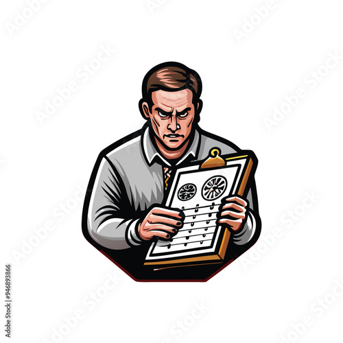 Vector illustration of a coach holding a clipboard with a play diagram.