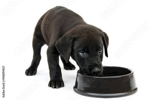 A cute black puppy drinks from a matching dark bowl against a white backdrop. The little dog shows an innocent expression while focusing on the bowl, capturing the essence of youthful curiosity.