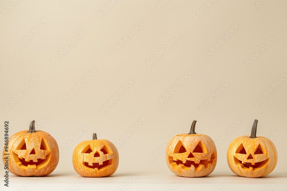pumpkins with carved faces on light background and copy space pumpkins with carved faces on light background and copy space