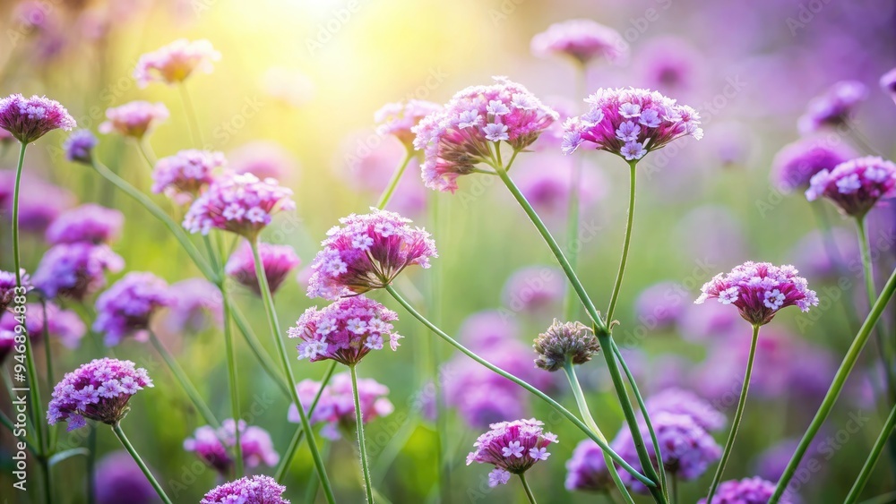 Delicate purple verbena flowers bloom amidst soft, dreamy watercolor brushstrokes and wispy greenery, evoking a sense of whimsical elegance and serene summer charm. Delicate purple verbena flowers bloom amidst soft, dreamy watercolor brushstrokes and wispy greenery, evoking a sense of whimsical elegance and serene summer charm.