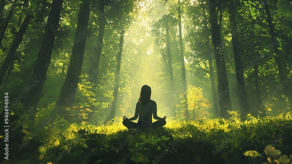 Woman meditating in a forest with sunlight shining through the trees Woman meditating in a forest with sunlight shining through the trees