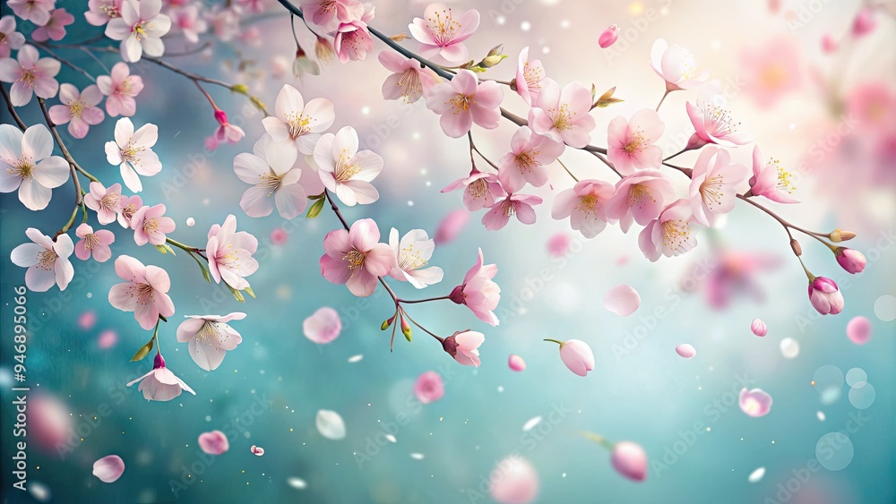 Delicate, soft-focus watercolor illustration of pink and white Japanese cherry blossoms gently falling on a subtle, gradient blue background, evoking serenity and spring. Delicate, soft-focus watercolor illustration of pink and white Japanese cherry blossoms gently falling on a subtle, gradient blue background, evoking serenity and spring.