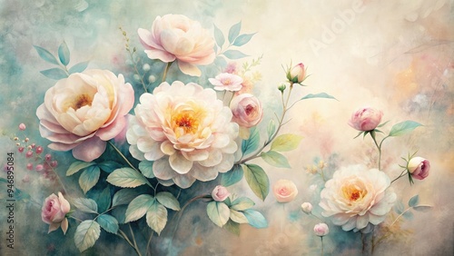 Delicate, soft-focus watercolor illustration of pastel-hued flowers, set against a distressed, creamy background, evoking a sense of nostalgia and romantic whimsy.