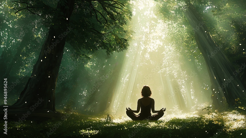 Woman meditating in a forest with sunlight shining through the trees Woman meditating in a forest with sunlight shining through the trees