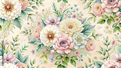 Delicate watercolor floral medallions adorn a soft, creamy background, featuring intricately illustrated blooms and foliage in pastel hues, evoking a sense of whimsical elegance.