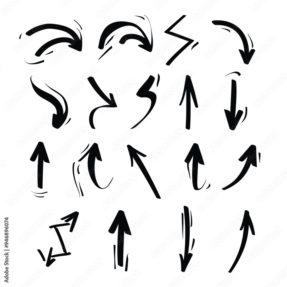 Fototapeta premium Set of various hand-drawn arrows in different styles and directions on a white background.