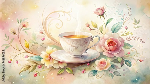 Delicate watercolor illustration of a dainty tea cup steeped in warm comfort, surrounded by swirling floral patterns and soft, dreamy colors on a creamy background.