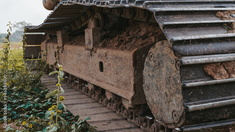 Close-up of dirty excavator tracks on a grassy field, showcasing construction, heavy equipment, or industrial themes Close-up of dirty excavator tracks on a grassy field, showcasing construction, heavy equipment, or industrial themes