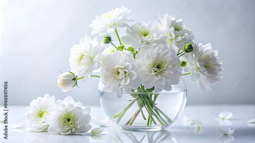 Delicate white petals of a freshly bloomed flower arrangement contrast beautifully against a pristine white background, capturing serene elegance and simplicity. Delicate white petals of a freshly bloomed flower arrangement contrast beautifully against a pristine white background, capturing serene elegance and simplicity.