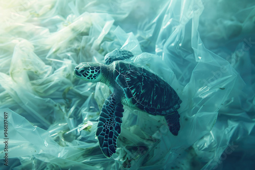 A sea turtle trapped in plastic debris underwater, surrounded by marine vegetation. Highlights the urgent issue of ocean pollution and its impact on marine life. Perfect for environmental campaigns.