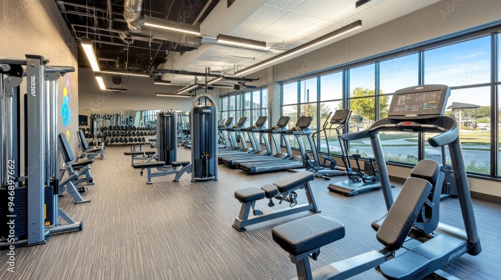 Modern Gym Interior with Fitness Equipment and Windows Modern Gym Interior with Fitness Equipment and Windows