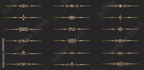 Gold text dividers doodle set. Wedding decorative elements. Divider ornament, borders, vintage line separators. Hand drawn vector illustration isolated on white background