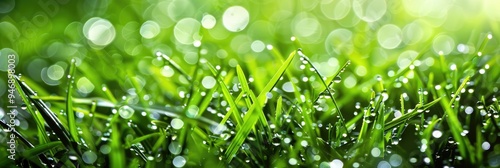 Water droplets on vibrant green grass with shallow depth of field