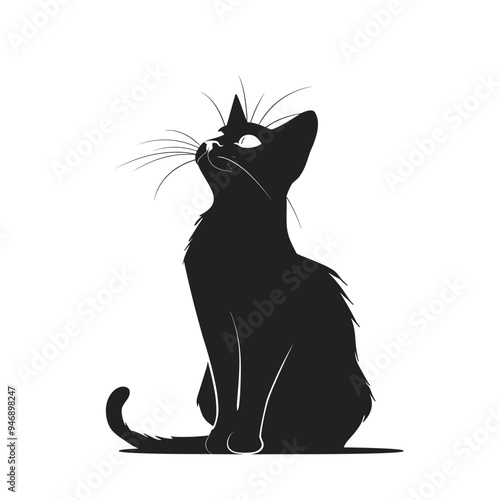 Black silhouette of a sitting cat looking upward with curiosity on a white background.