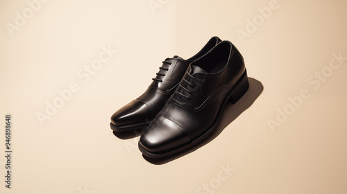 Elegant Black Leather Oxford Shoes Polished Finish Formal Attire photo