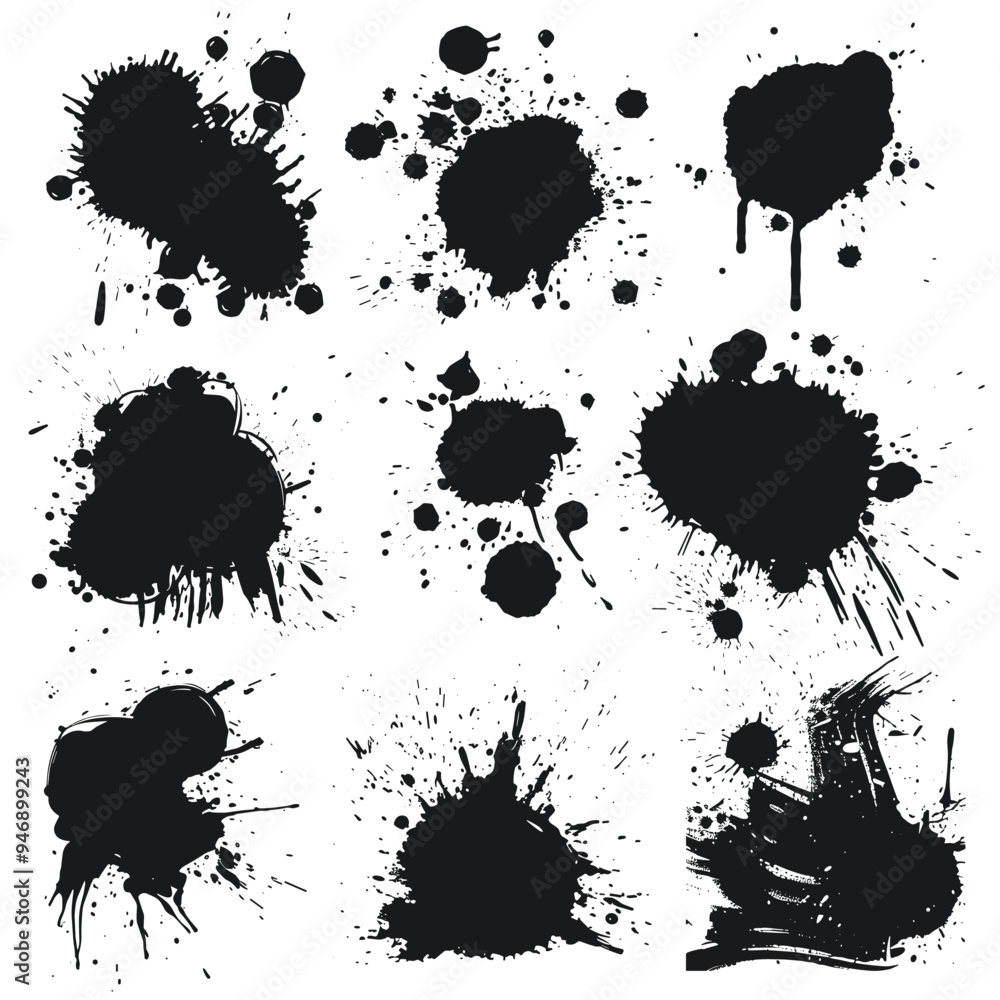 Collection of various black ink splatters and paint drips on a white background. Collection of various black ink splatters and paint drips on a white background.