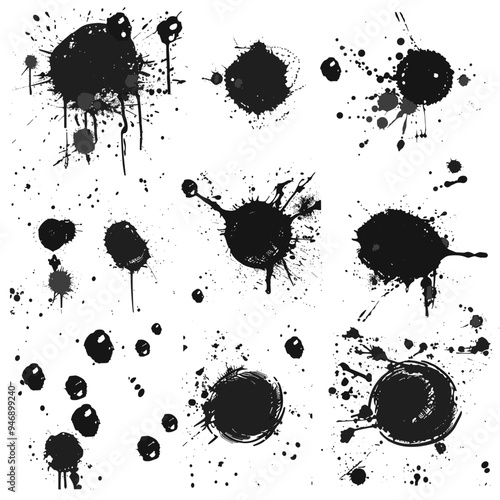 Abstract black ink splatters on a white background showcasing various shapes and sizes.