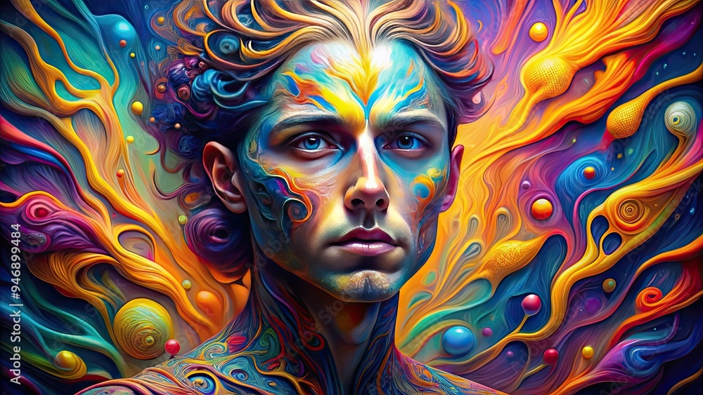 Dreamlike portrait of a person with a melting, distorted face, surrounded by vibrant, swirling shapes and colors that blur the lines between reality and fantasy. Dreamlike portrait of a person with a melting, distorted face, surrounded by vibrant, swirling shapes and colors that blur the lines between reality and fantasy.