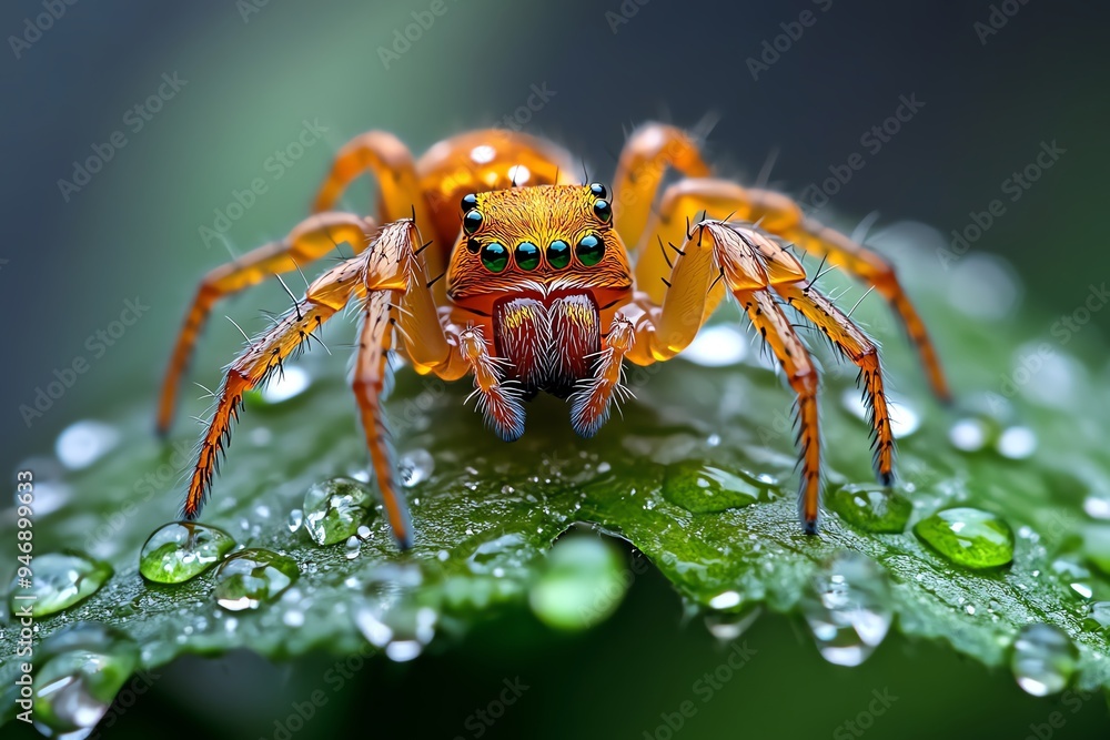 Spider in a rain-soaked web, illustrated with the spider and web glistening, adding a sense of serenity and stillness Spider in a rain-soaked web, illustrated with the spider and web glistening, adding a sense of serenity and stillness