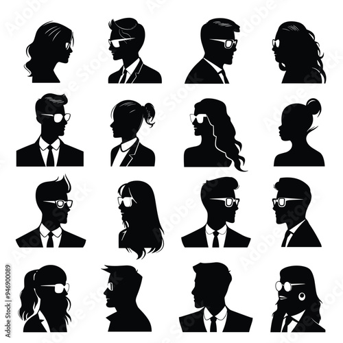 Silhouetted profiles of men and women in various poses, all wearing glasses, set against a clean white background.
