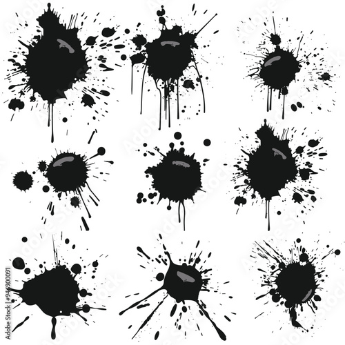 Collection of black ink splatters and splashes on a white background featuring various shapes and sizes.