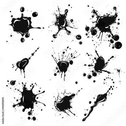A collage of various black ink splatters on a white background, each with unique shapes and patterns.