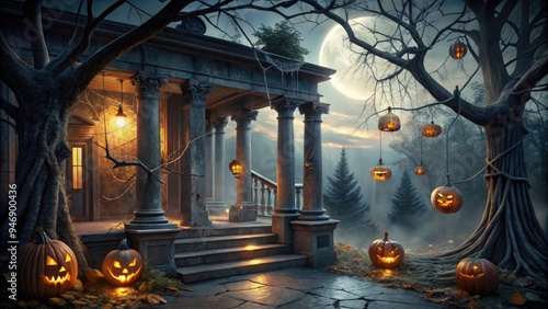 eerie porch with cobweb-covered pillars, flickering jack-o'-lanterns, and twisted vines, set against a dark, moonlit sky with bare tree silhouettes. photo