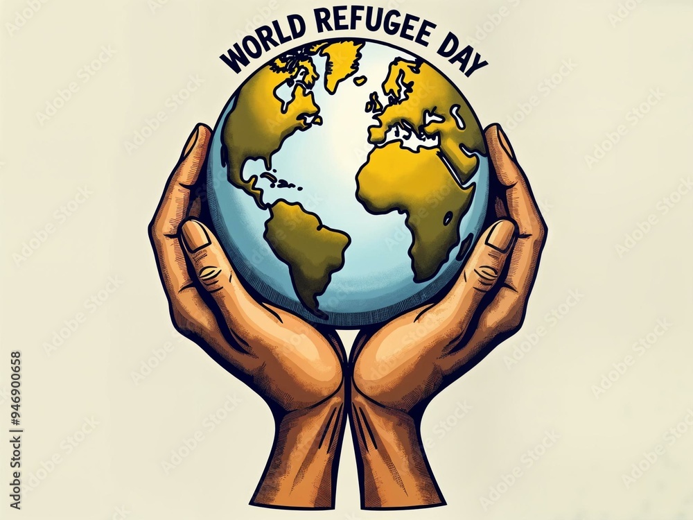 World Refugee Day bold text with hands and globe illustration Stock ...