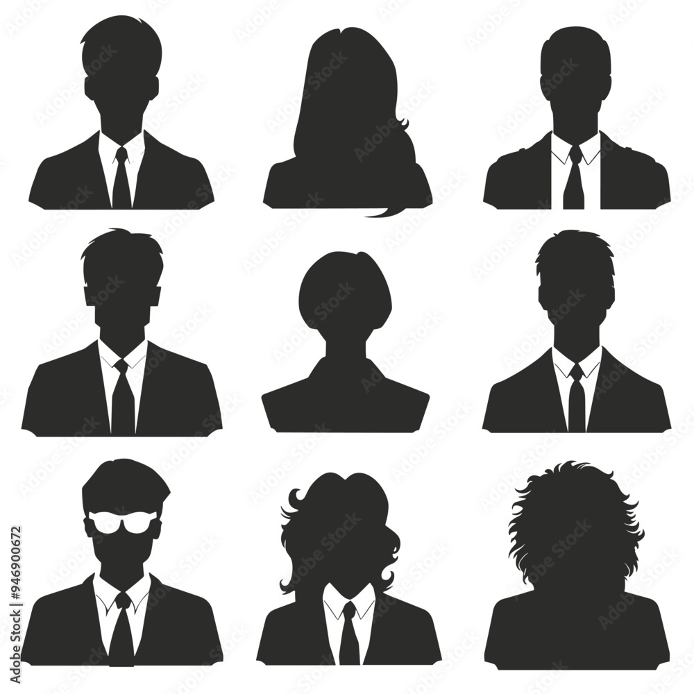 Silhouettes of men and women in business attire, showcasing various hairstyles and profiles. Silhouettes of men and women in business attire, showcasing various hairstyles and profiles.